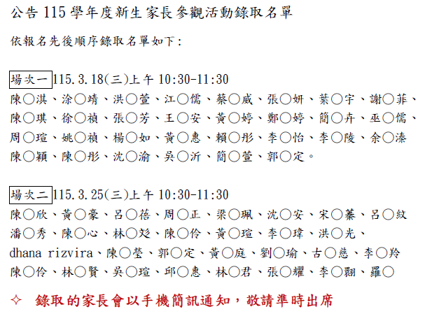 公告115學年度新生家長參觀活動錄取名單